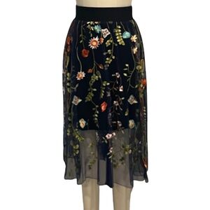 Stina Sayre Womens Size XL Navy Blue Black Embroidered Layered Tulle Sheer Skirt